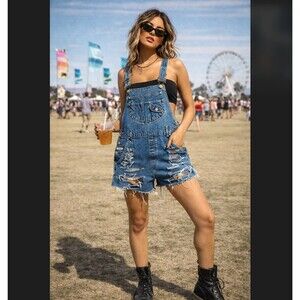 VTG Y2K Squeeze Light Wash Denim Bib Shortalls Small Festival Indie Retro Grunge